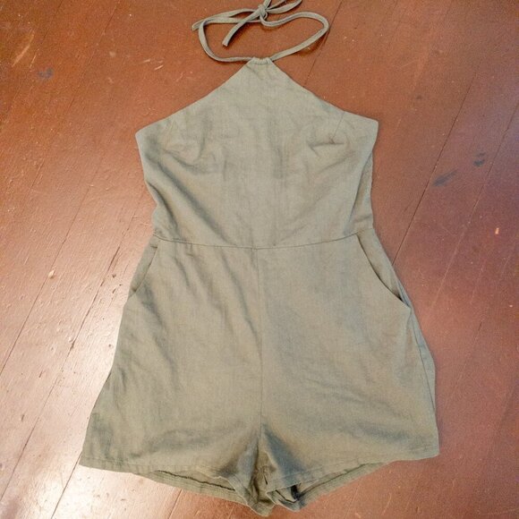 Le Lis Olive Green Halter Romper – Size L Boho Cotton Lined with Pockets - Picture 1 of 4